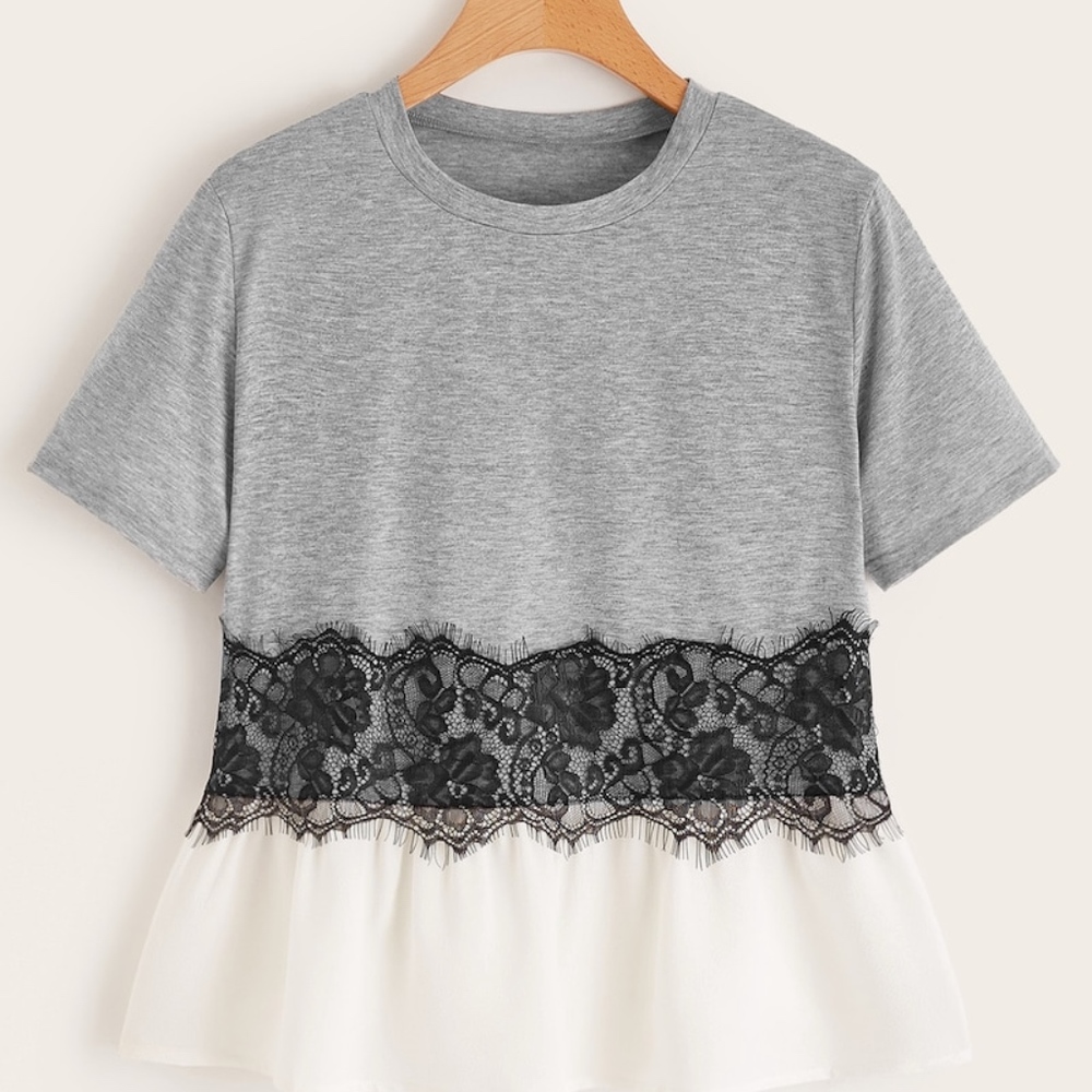 Gray Black and white lace pemblm tee
